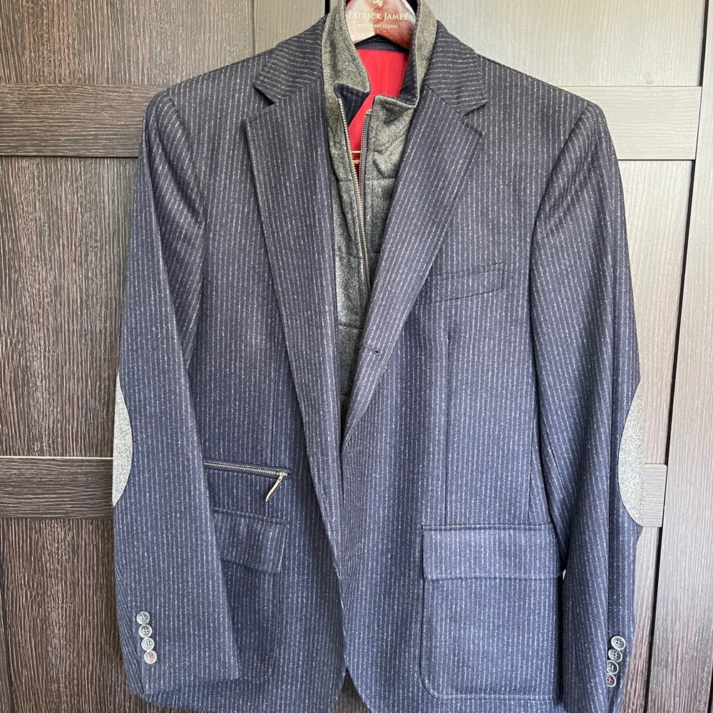 Navy Pinstripe Blazer with Grey Elbow Patches